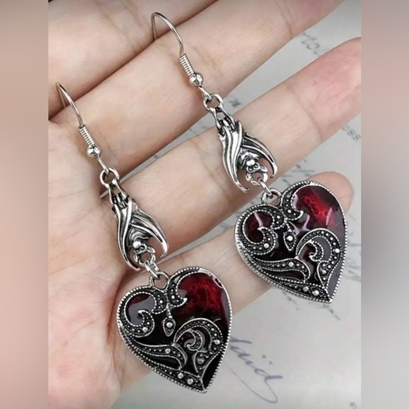 Jewelry - Elegant Silver and Red Heart Earrings